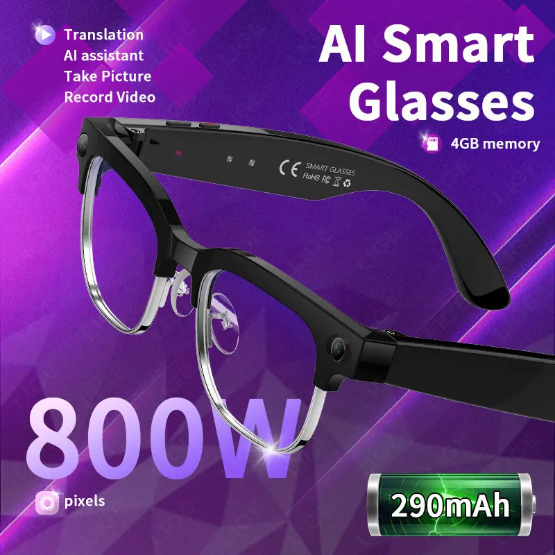 AI Smart Glasses 8 Million Pixels Recording Videos Photo Recognition Answer Translation 290mAh IP66 Waterproof Bluetooth Glasses