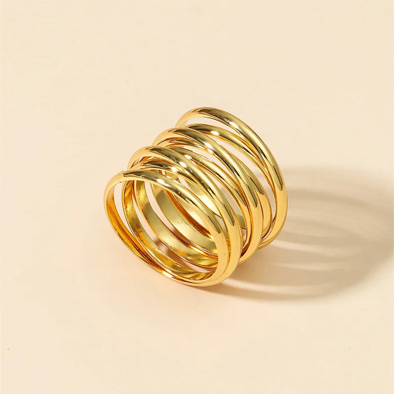 Foxanry Non-fading Gold Color Engagement Rings for Women Couples New Fashion Simple Multilayer Geometric Birthday Party Jewelry