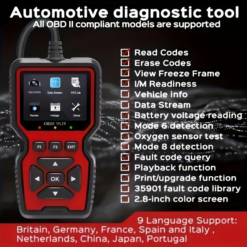 V519 Professional Obd2 Scanner - USB Powered Car Diagnostic Tool with Real-Time Data Stream, Full-Featured Obd Ii Testing (I/M Ready, Bod2/Eobd), Clears Check Engine Light, Reads/Erasing Codes from Most Vehicles, Car Maintena