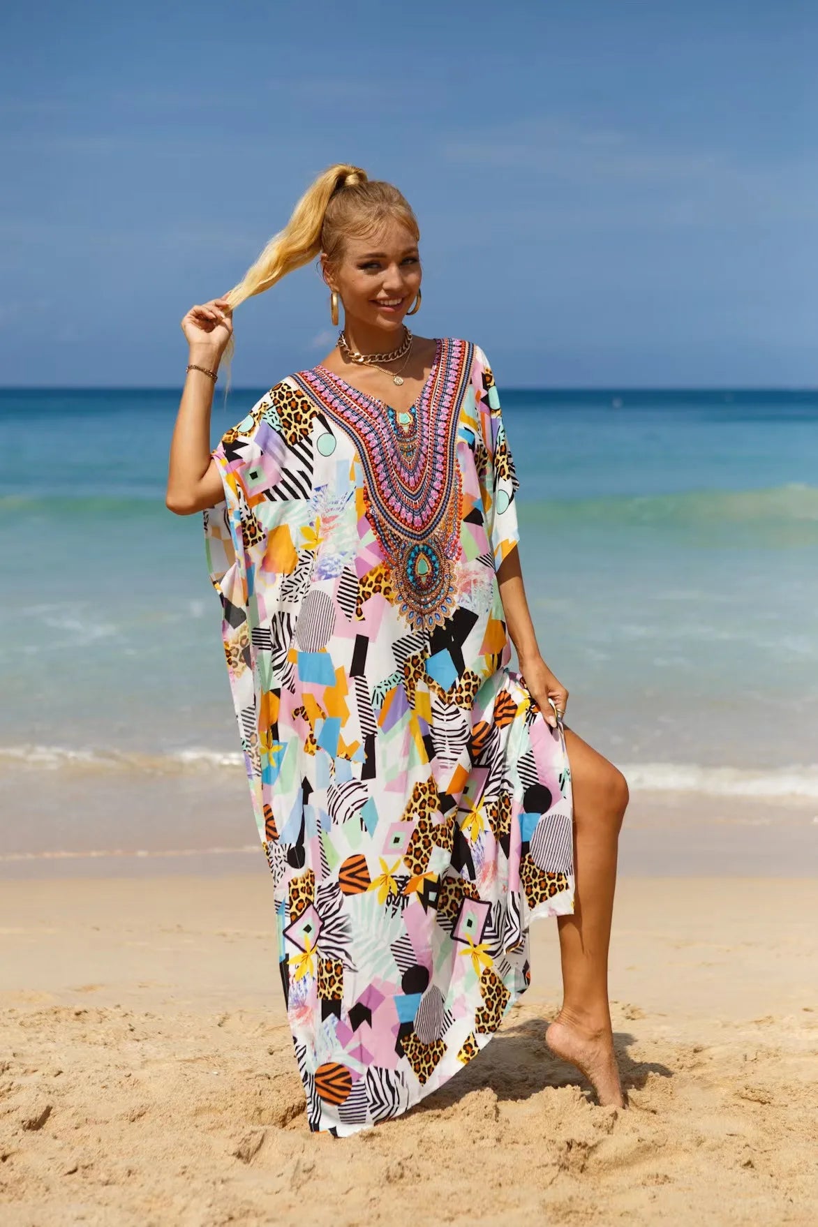 Kaftan Dresses Tropical Printed Cover Ups for Swimwear Women Elegant Maxi Robe Holiday Bathing Suits Dropshipping Hot Sales