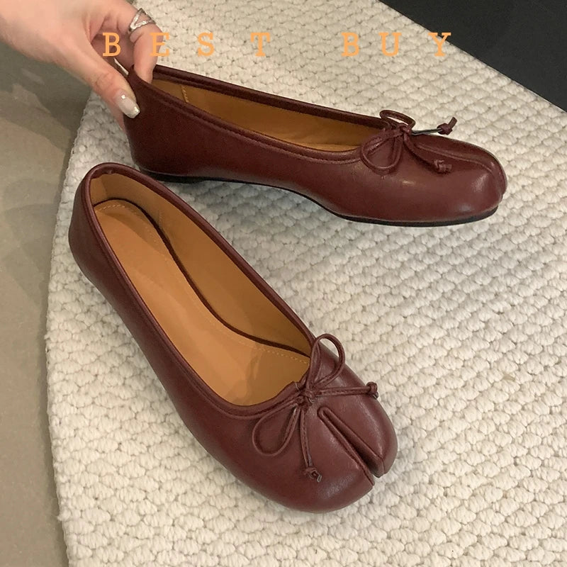 Tabi Shoes Ballet Falts Leather Ballerina Shoes For Women Split Toe Flats Tabi Shoes Slip On Soft Bottom Moccasins with Bowress