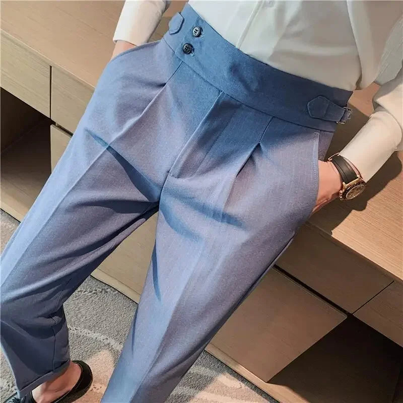 British Style Fall New High Waist Dress Pants Men Belt Design Stripes Slim Suit Pants Formal Wedding Social Party Male Trousers