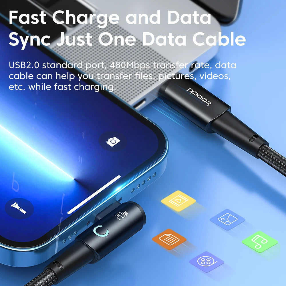 Toocki PD 20W USB Cable 90 Degree Elbow Data Cable Fast Charging For iPhone 14 13 12 11 Pro Max LED Indicator Phone Charge Cord
