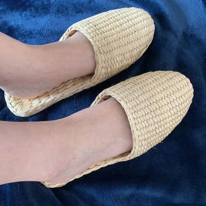 Unisex Hemp Slides Cut-Outs Grass Weaving Shoes Round Toe Novetly Hand-Made Massage Slippers Straw Natural Beige Wide Feet 44-3