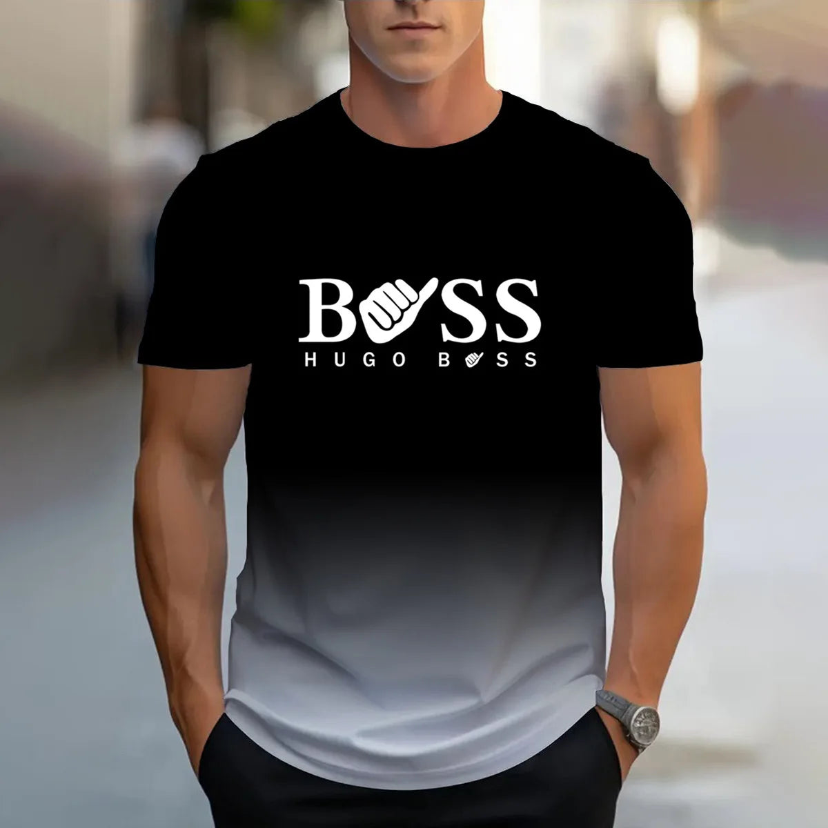 men's summer clothing casual gradient color short sleeved digital letter printed casual versatile round neck T-shirt top for men