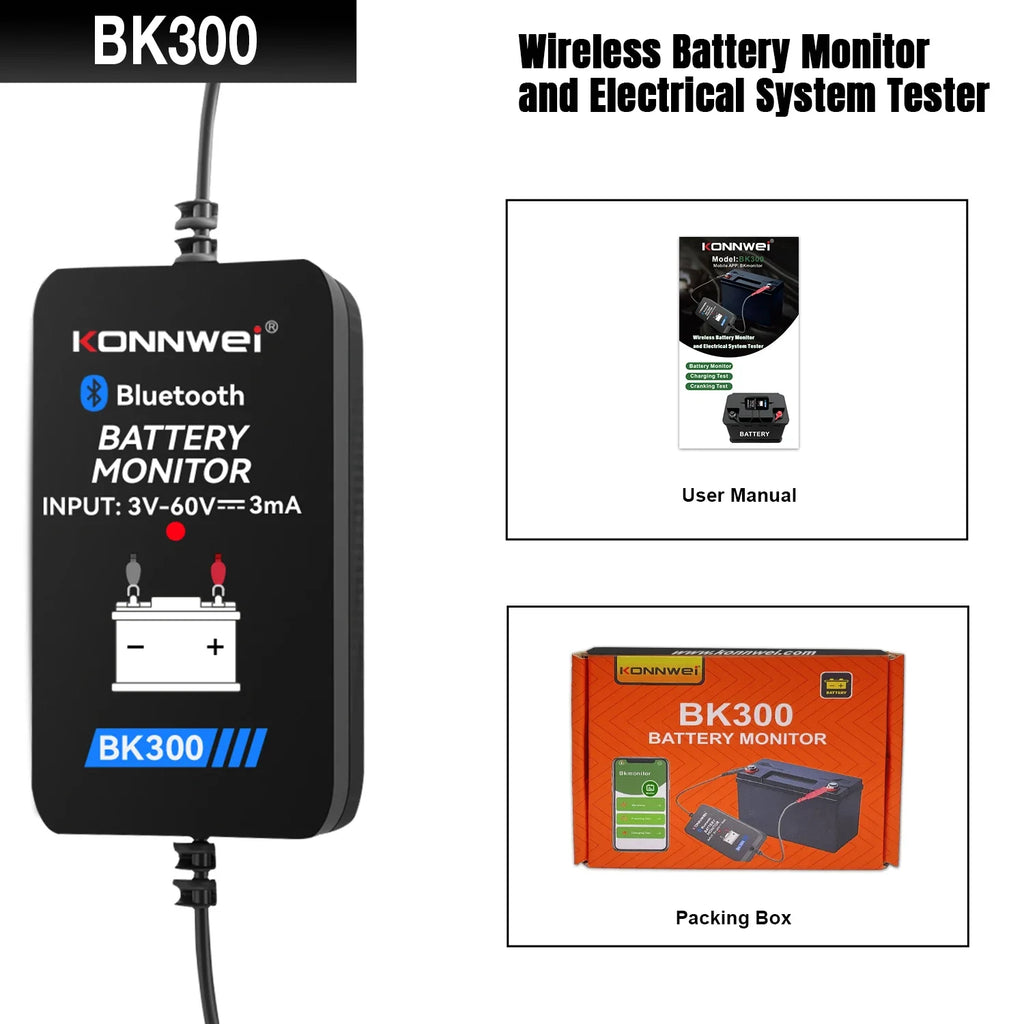 KONNWEI BK300 Lead Acid Starting Car Battery Detector 12V 24V Capacity Resistance Bluetooth 5.2 Automotive Battery Monitor Tool