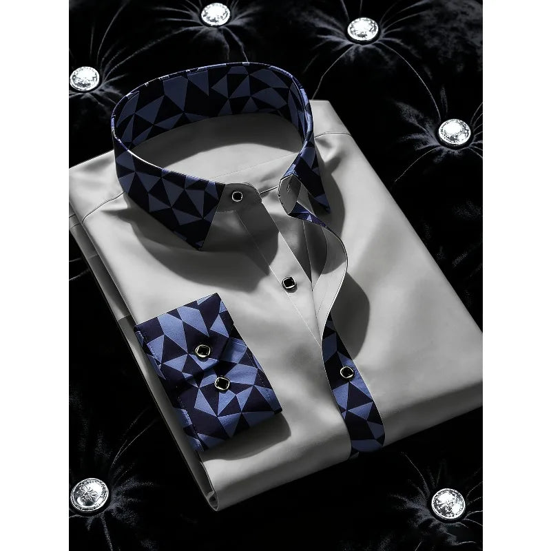 FGKKS Men Fashion Shirt Brand New High Street Patchwork Long Sleeve Smart Casual Elastic Man Business Dress Shirts