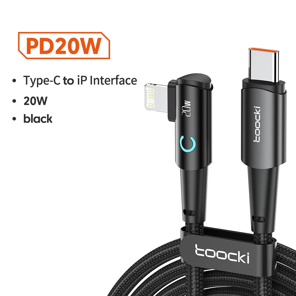Toocki PD 20W USB Cable 90 Degree Elbow Data Cable Fast Charging For iPhone 14 13 12 11 Pro Max LED Indicator Phone Charge Cord