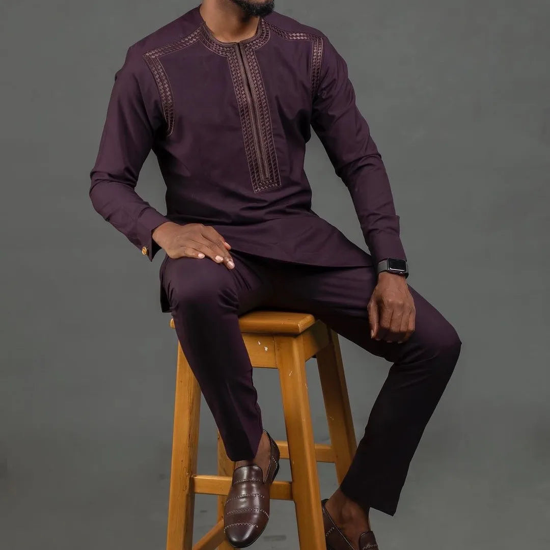 Kaftan Luxury Designer Men's Set African Clothing Men Suit Solid Color Embroidered Top and Sweatpant 2Pcs Festive Wedding Simple