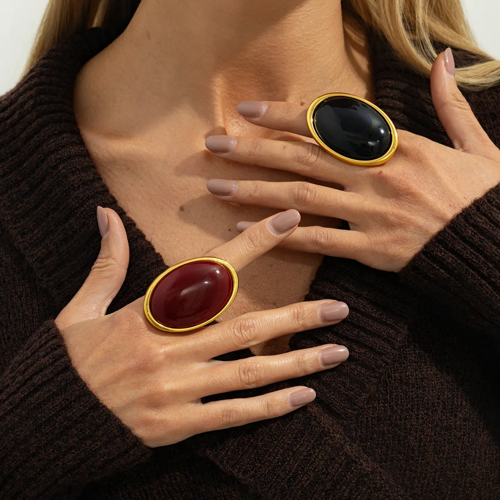 Classic Simple Geometry Red Oval Resin Finger Ring Women Vintage Elegant Rings Charm Party Accessories Jewelry Gift