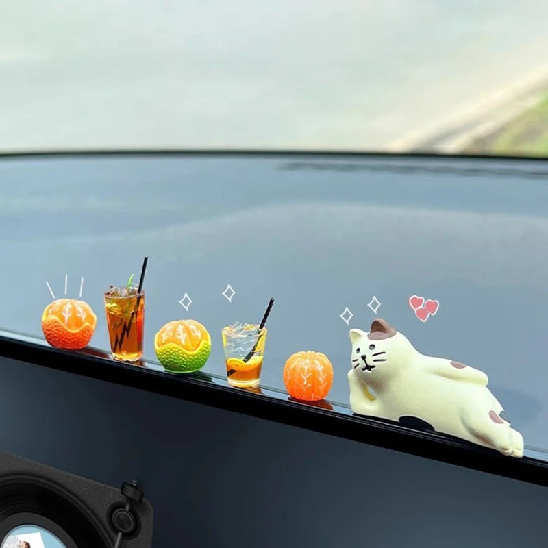 Auto Interior DIY Mini Cat Lemon Tea Coffee Scene Car Dashboard Ornaments Accessory