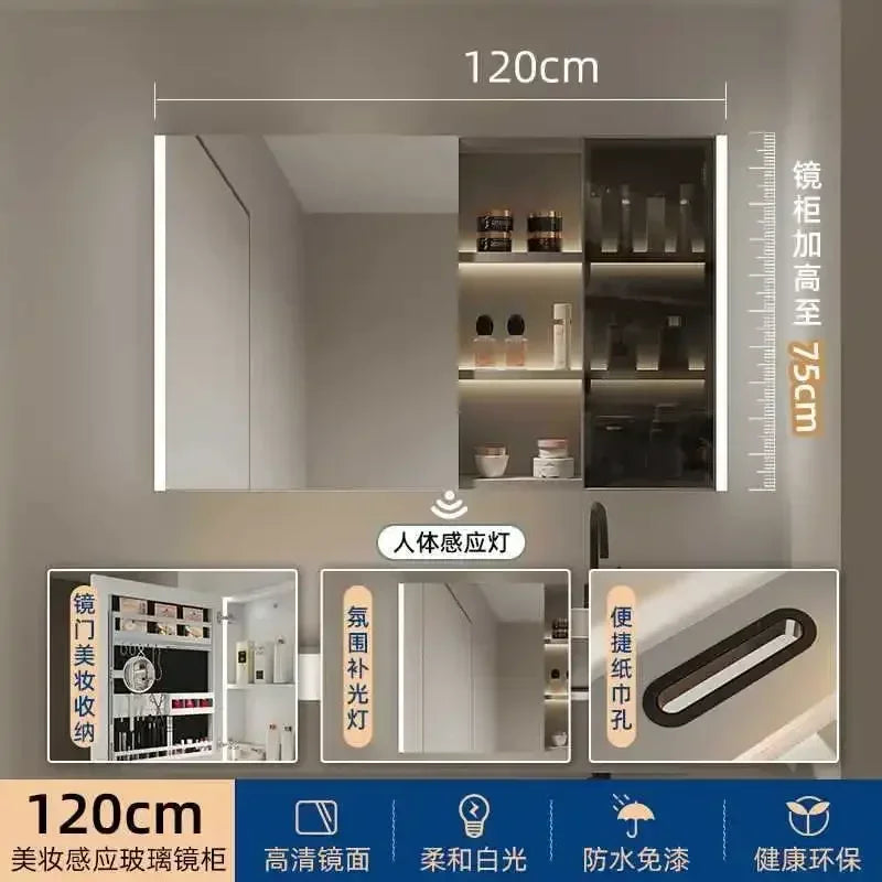 Smart Bathroom Cabinets Makeup Mirror Storage Cabinet LED Light Wall Mirror Cabinet with Time Digital Display Bathroom Furniture