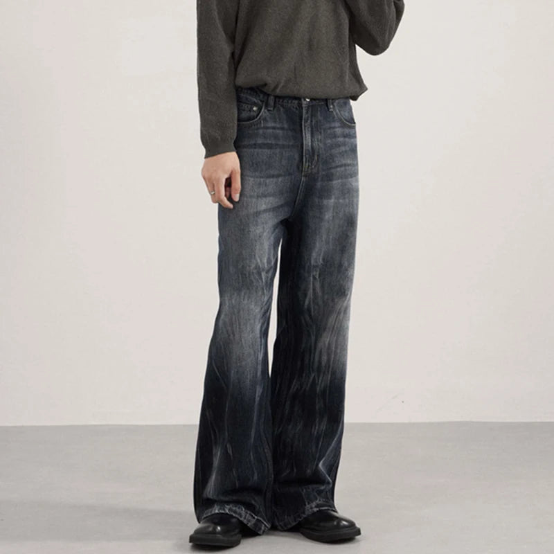 IEFB Men's American Style Denim Pants Washing Tie Dying Contrast Color Casual Wide Leg Flared Trousers Autumn Male Jeans 9W4182