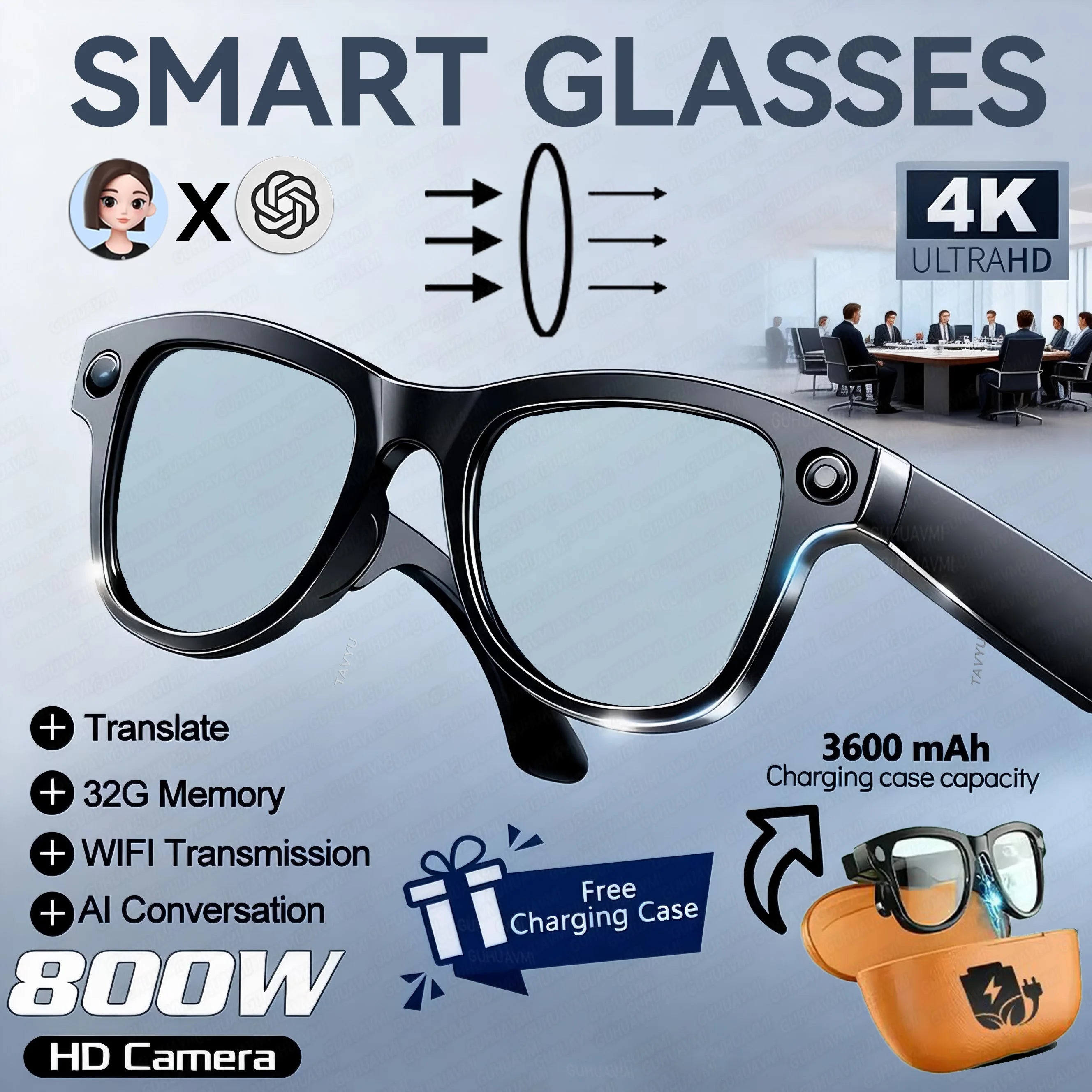 New 800W 4k HD Camera Smart Glasses Men 3600mAh Power Bank 100+ Languages Translation Recording Videos Music Player Call Glasses