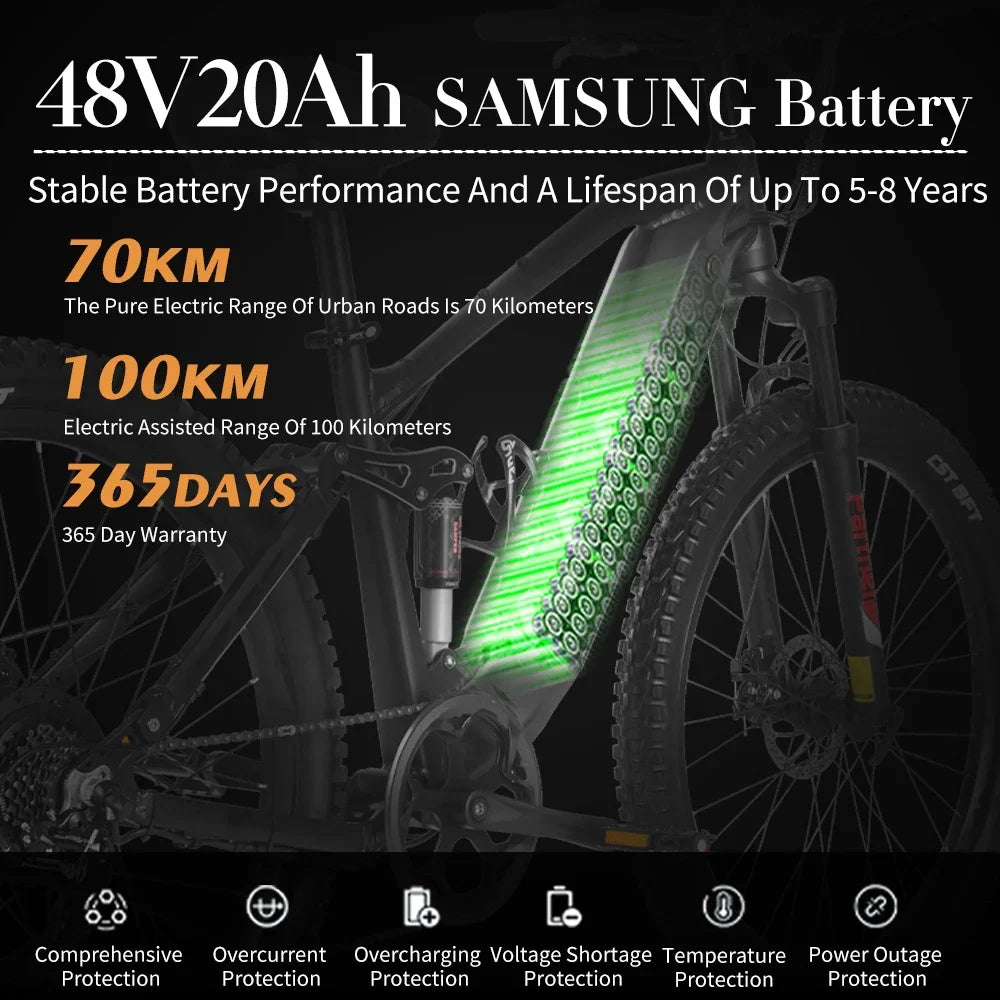 Nathaniel SYR03 E-Bike 1000W Brushless Motor,48V20AH Detachable Battery,27.5" E-Mountain Bike,70KM Range,45KM/h,for Outdoor Ride