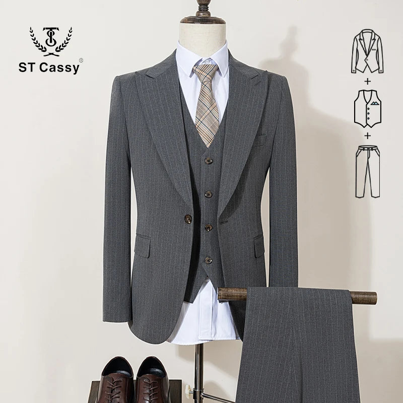 3-piece set(Jacket + vest+pants)  black striped suit slim fit luxurious and elegant men's business suit wedding