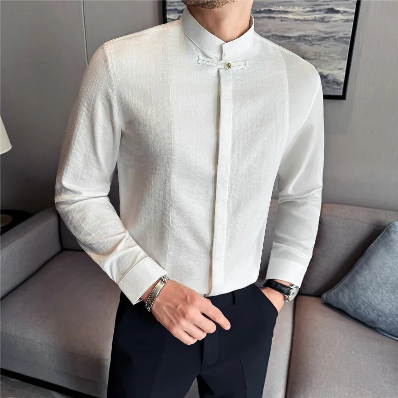 Chinese Style Stand Collar Men Shirt Hidden Button Solid Casual Slim Fit Long Sleeved Dress Shirts High Quality Men Clothing