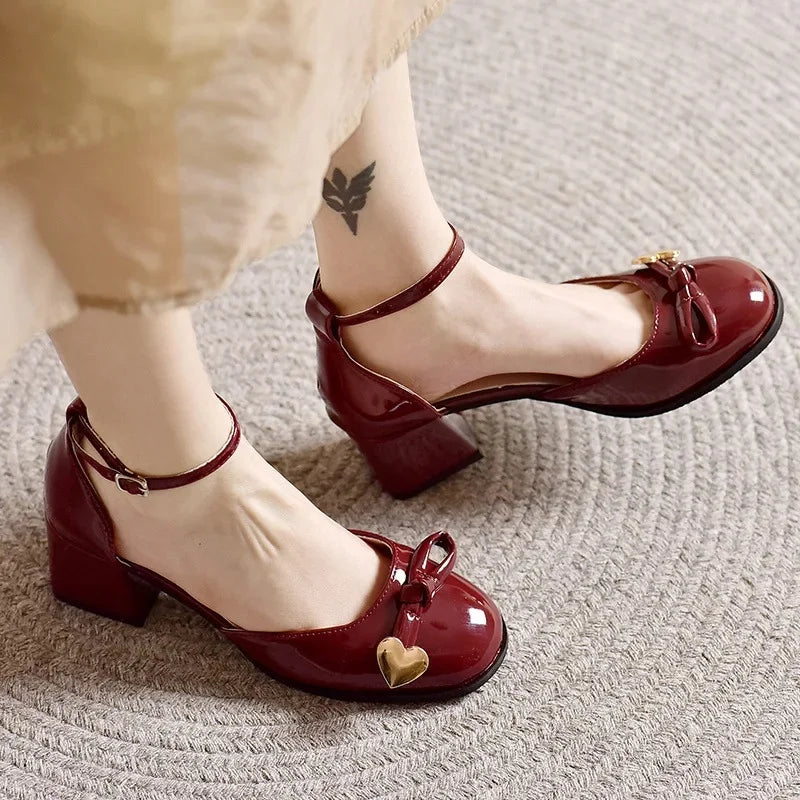 Mary Jane Women's Red Miniature Leather Shoes Summer New High Heel French Retro round Head Thick Heel Four Seasons Wedding Shoes - Free Item Weekend (50% off).