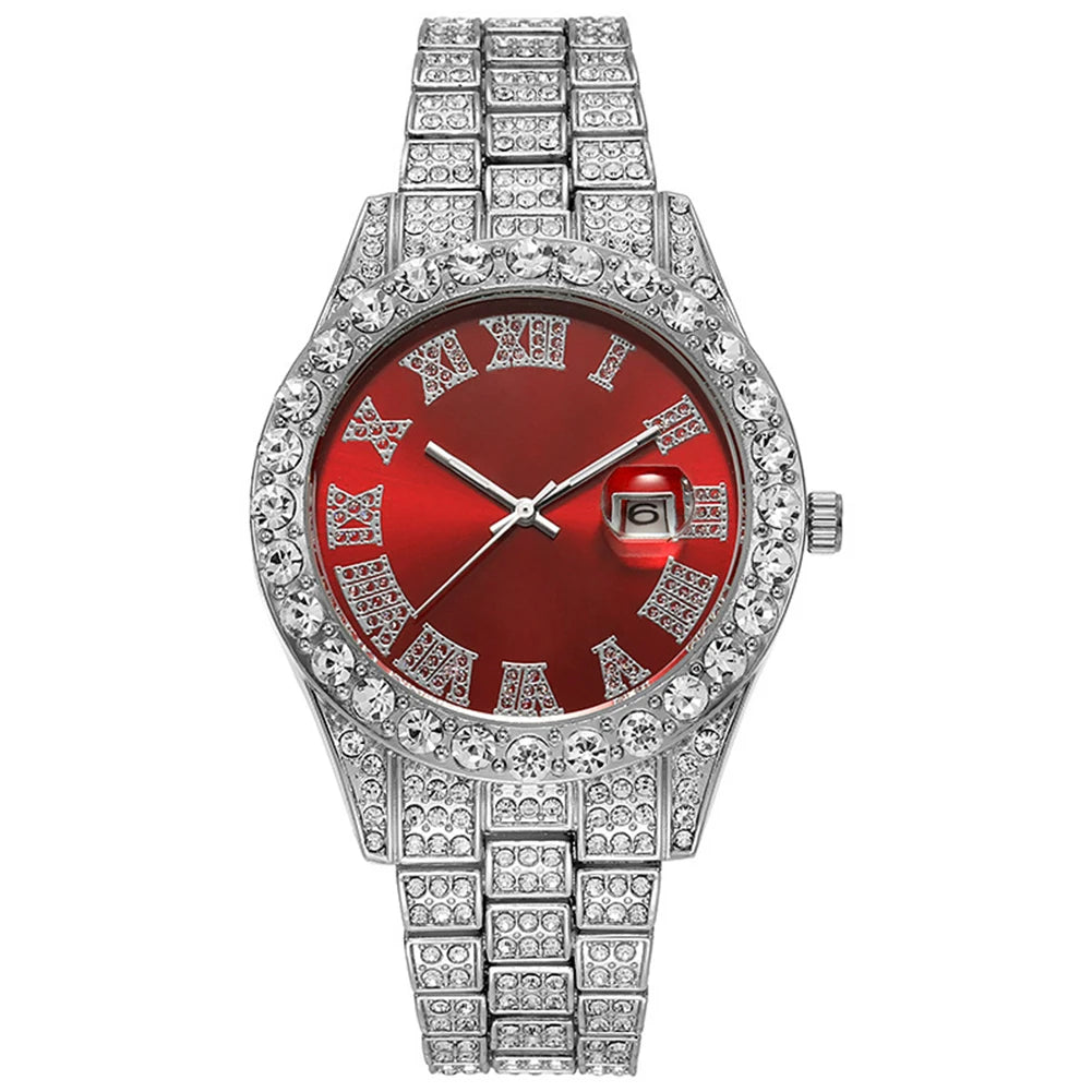Hip Hop Luxury Men Calendar Watch Stainless Steel Gold Color Iced Out Paved Rhinestones Wristwatch Reloj Hombre