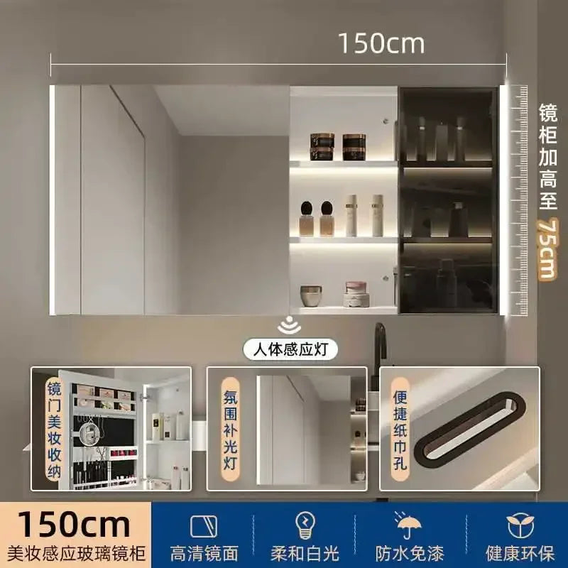 Smart Bathroom Cabinets Makeup Mirror Storage Cabinet LED Light Wall Mirror Cabinet with Time Digital Display Bathroom Furniture