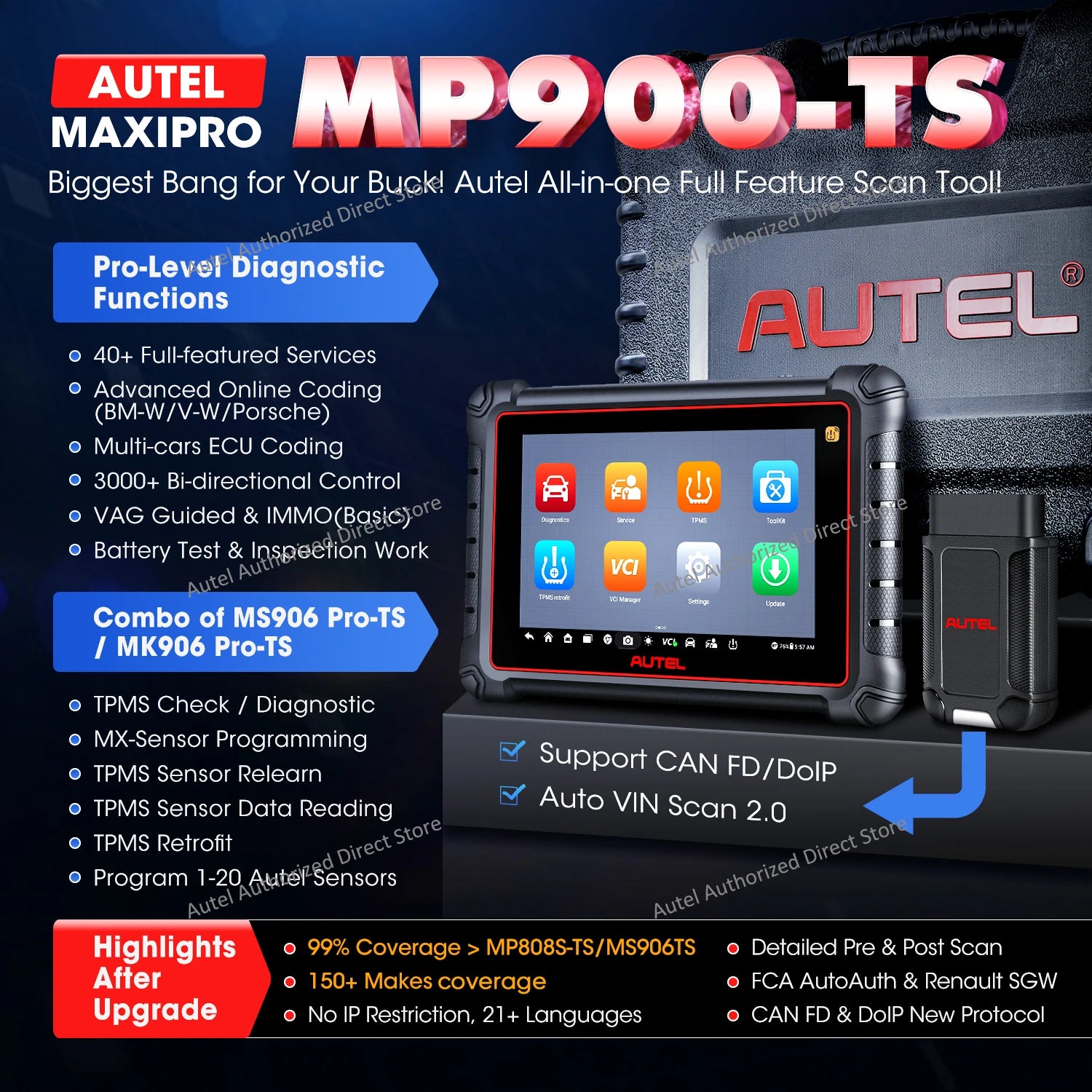 Autel MaxiPRO MP900TS OBD2 Scanner TPMS Diagnostic Tool ECU Coding, Active Test, 40+ Services, CAN FD&DOIP Upgraded of MK808S-TS