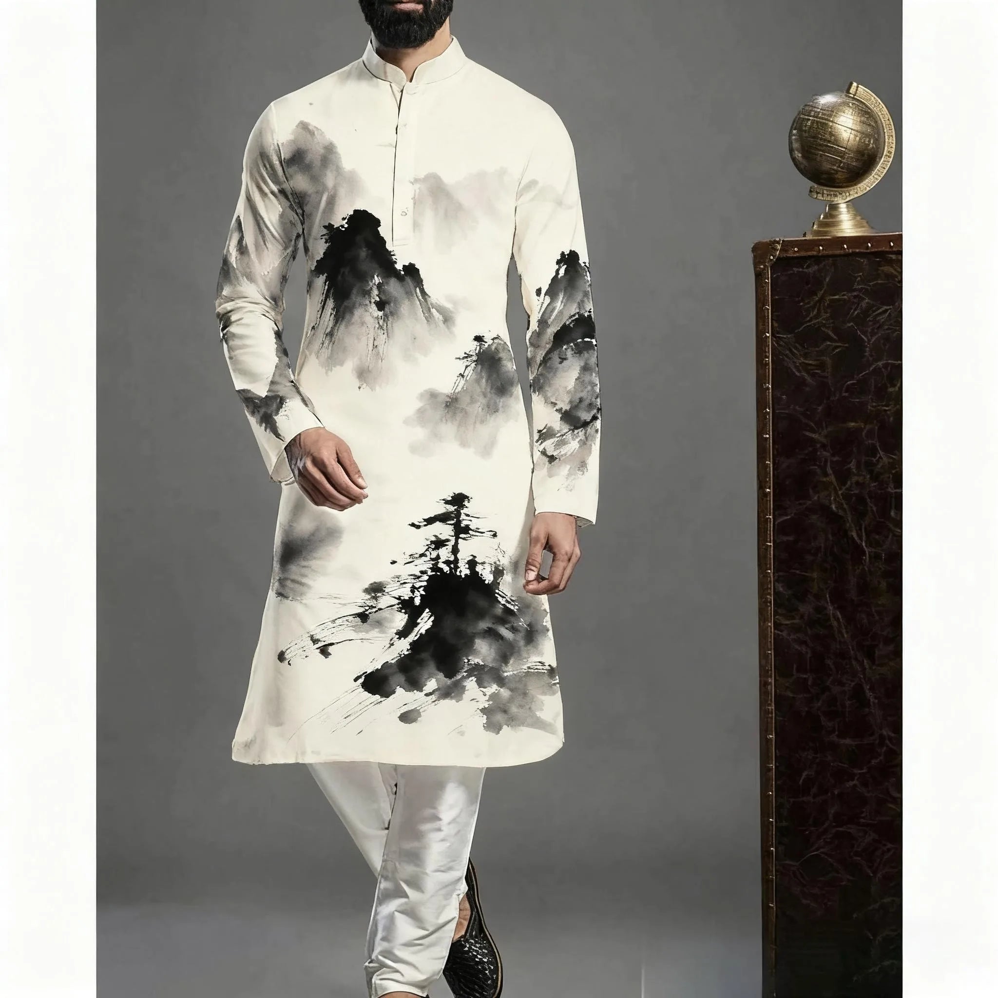 Muslim Kurtta Shirt Men Clothes Folk Kaftan Musulman Kurta Indian Islamic Clothing National Printed Long Sleeve Shirts