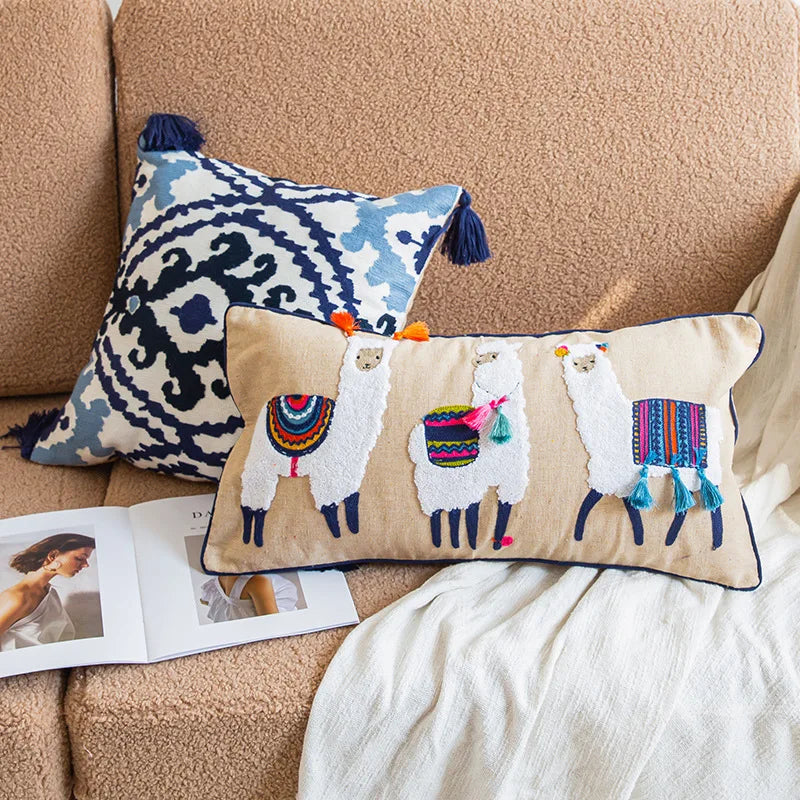 Nordic Ethnic Style Cushion Cover Cotton Moroccan Handmade Embroidery Cotton Tassel Throw Pillow Cover Living Room Home Decor