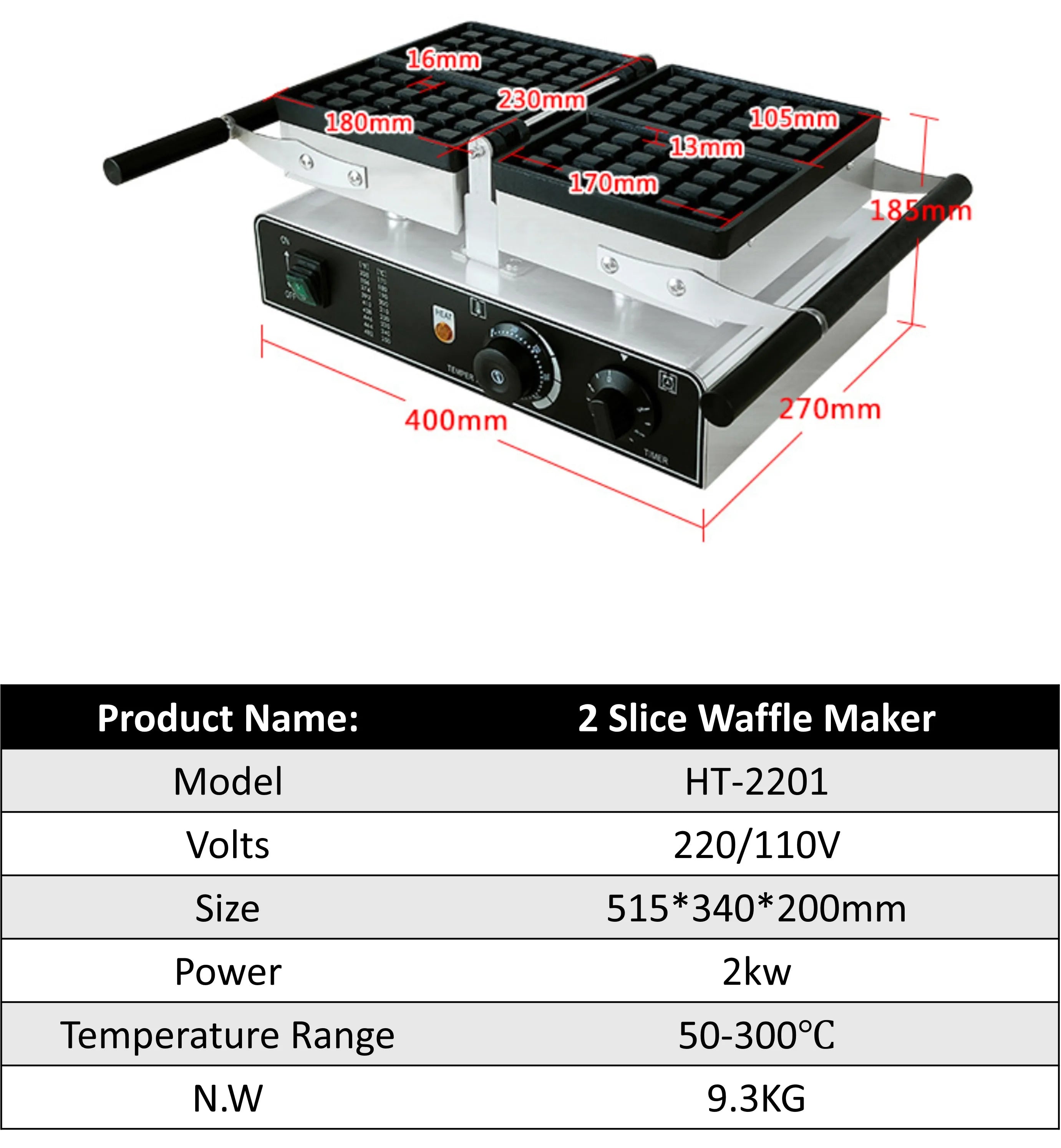 2 Slice Waffle  Machine Commercial Bread Baker with Non-stick Plate Timer and Temperature Control