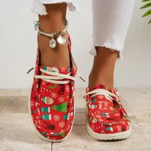 Loafers Women's Christmas Snowman Elk Graphic Print Lace-up Round T Women's Vulcanize Shoes Canvas Women Flat Shoes Zapatos - Free Item Weekend (50% off).