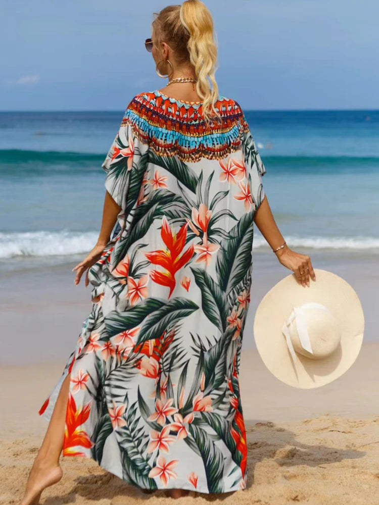 Kaftan Dresses Tropical Printed Cover Ups for Swimwear Women Elegant Maxi Robe Holiday Bathing Suits Dropshipping Hot Sales