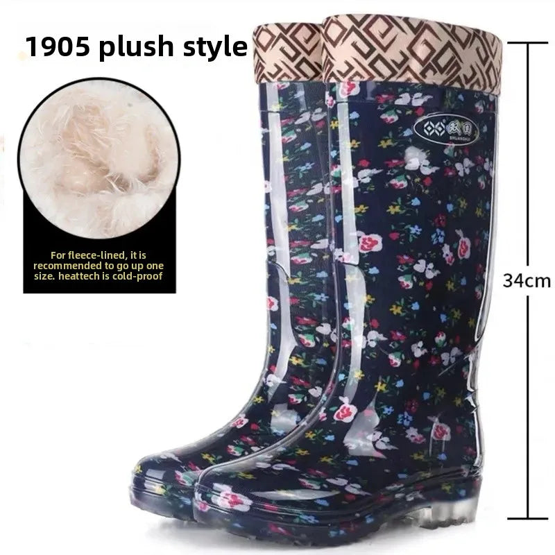Anti-Slip High-Tube Crystal Flower Ladies Rain Boots PVC Material Kitchen Dining Hall Cleaning Fashionable Water Shoes