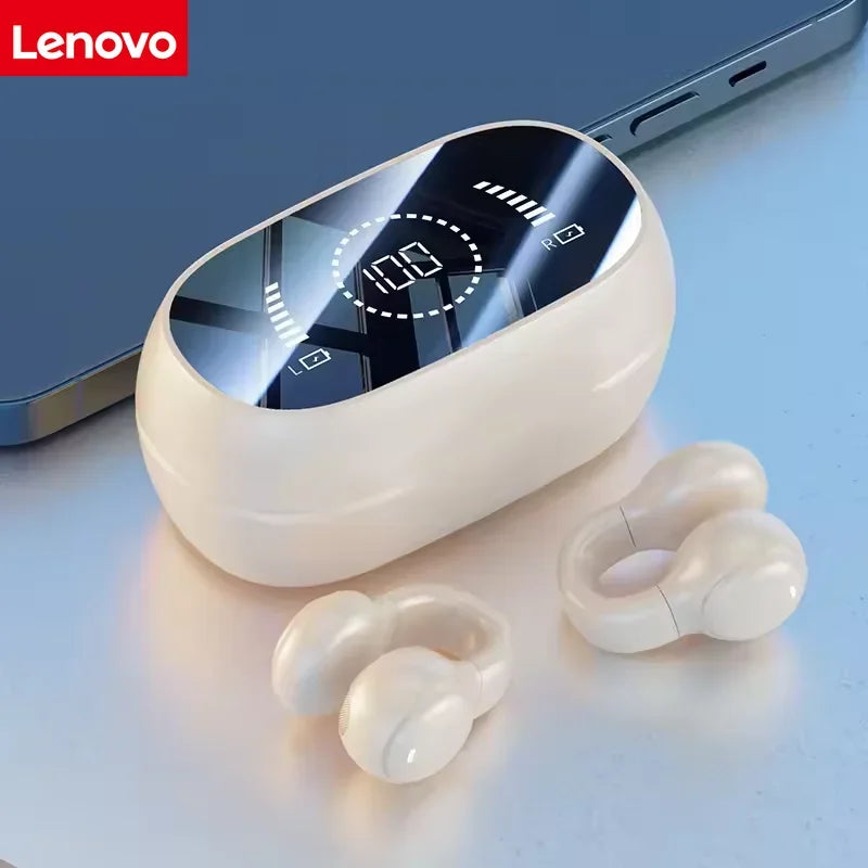 Lenovo Mirror Surface Digital Display Soft Silicone Ear Clip Wireless Bluetooth Headphones with Noise Reduction for Sports