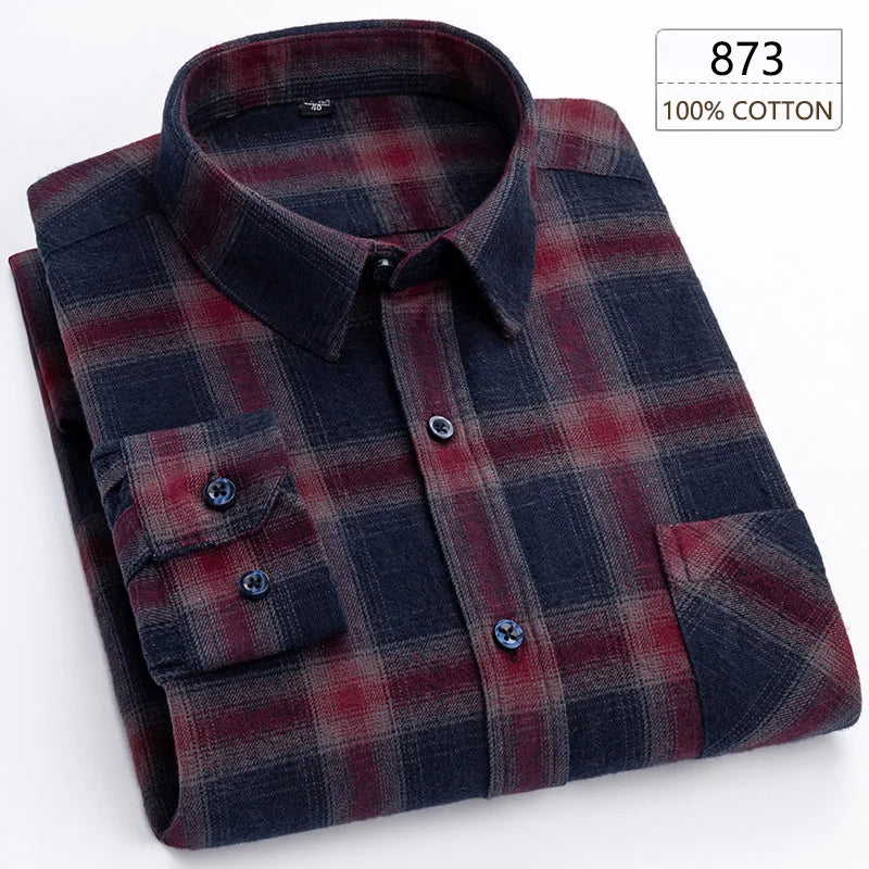 New Spring Long Sleeve Plaid Shirts For Men 100% Cotton Flannel Plus Size Easy care Confortable Top Casual Smart Dress Shirts