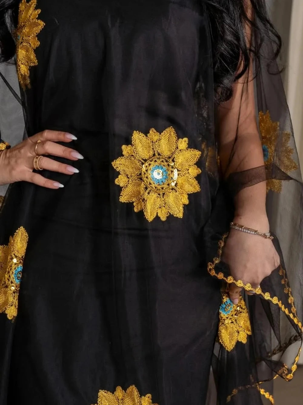 Kaftan Floral Embroidery Plus Size Evening Dress Elegant Black Delicate Abaya Prom Gown S-2XL Beautiful Banquet Women Wear