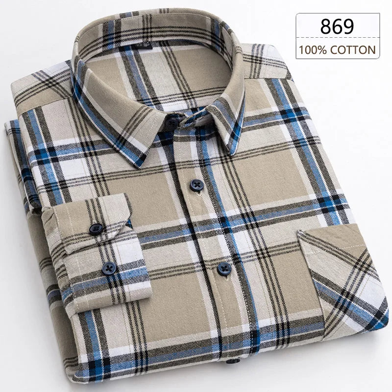 New Spring Long Sleeve Plaid Shirts For Men 100% Cotton Flannel Plus Size Easy care Confortable Top Casual Smart Dress Shirts