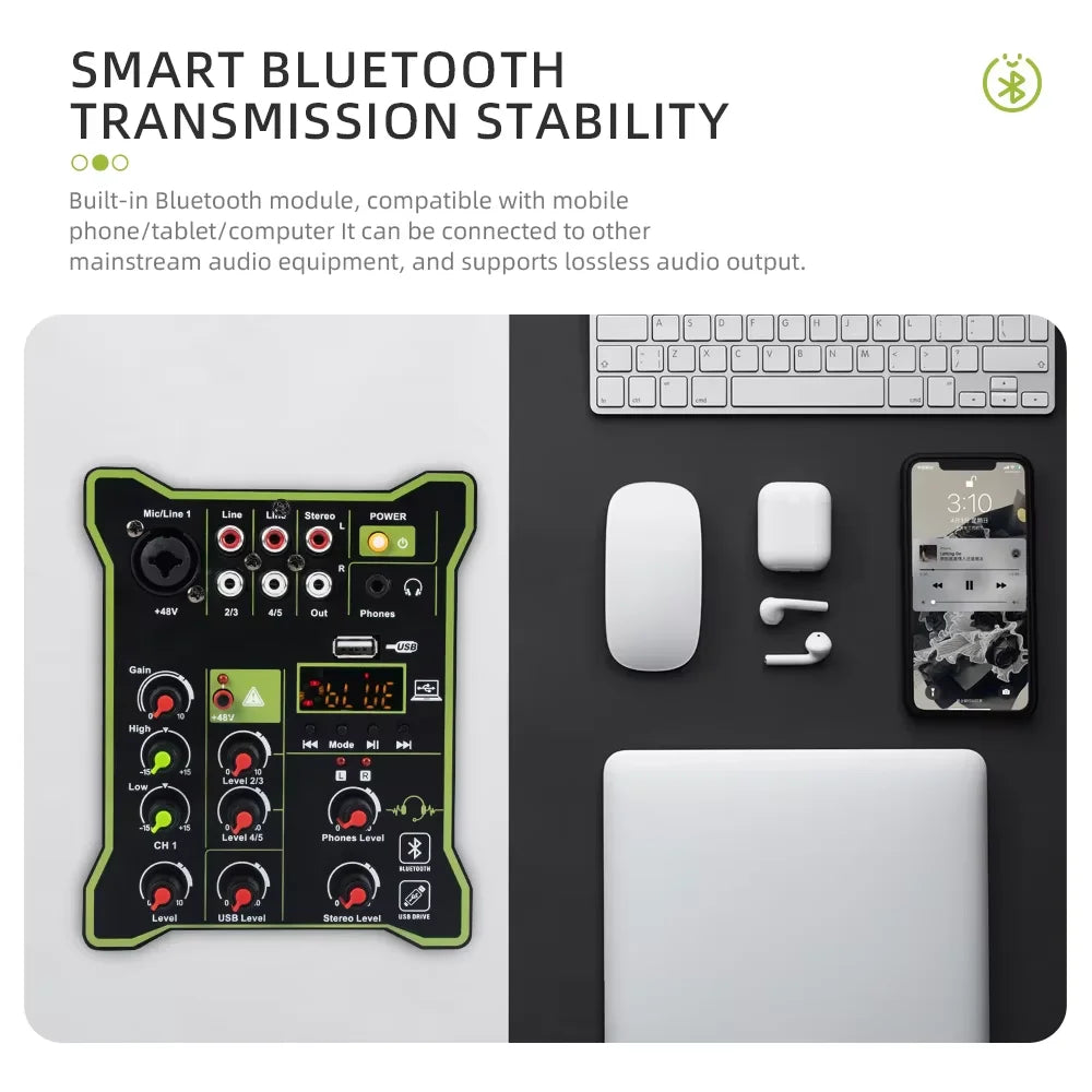 Mini Mixing Console Podcast 4 Channels Sound Card Audio Mixer Individual 48V Bluetooth USB PC Play Record