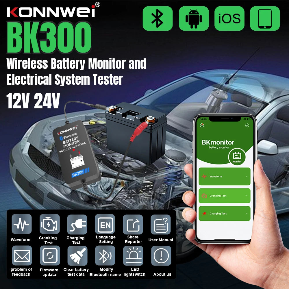 KONNWEI BK300 Lead Acid Starting Car Battery Detector 12V 24V Capacity Resistance Bluetooth 5.2 Automotive Battery Monitor Tool