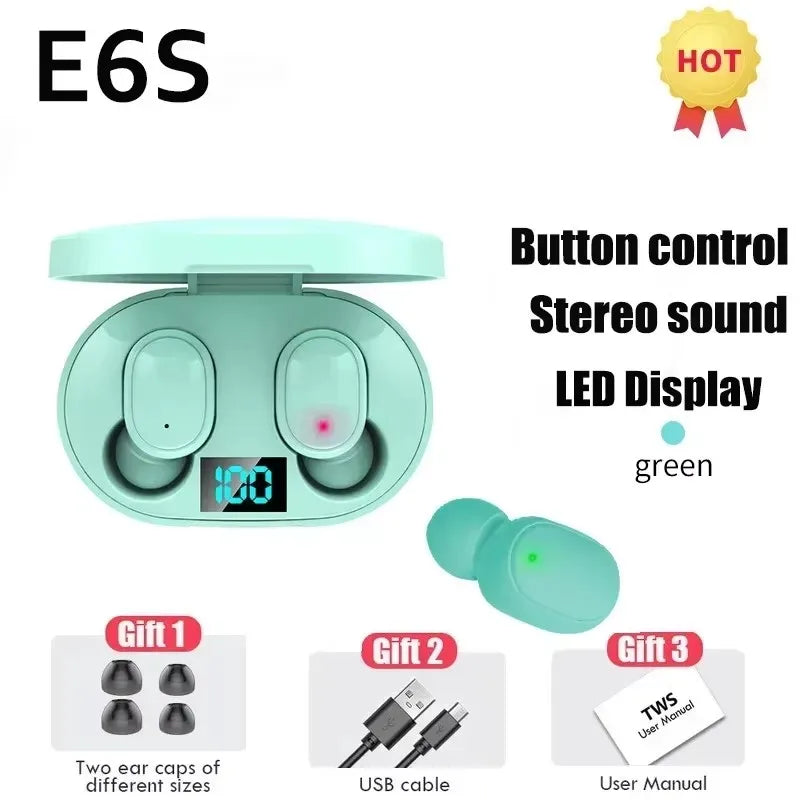 TWS E6S Wireless Bluetooth Earphones By Mic LED Display Stereo Noise Cancelling Headset With Charging Cable For All Smartphone