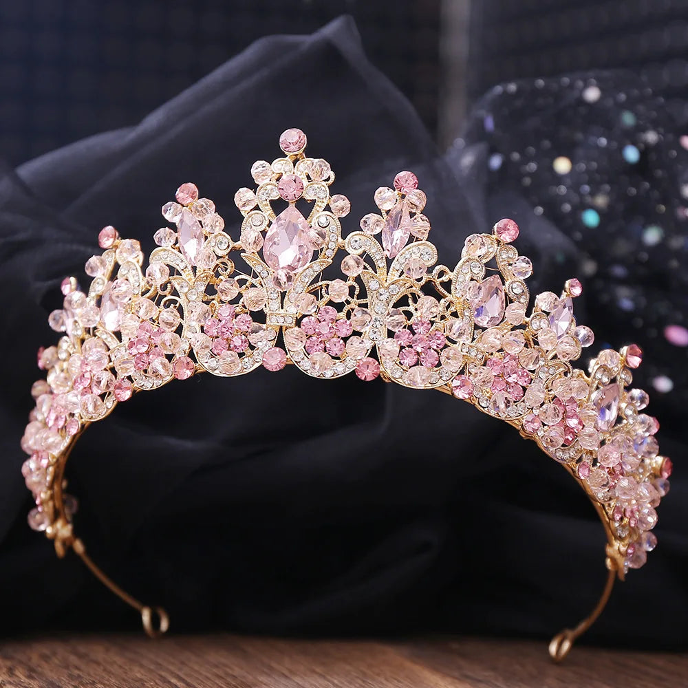 Luxury Handmade Pink Purple Crystal Beads Bridal Tiara Rhinestone Pageant Crowns Diadem Headpiece Wedding Hair Dress Accessories