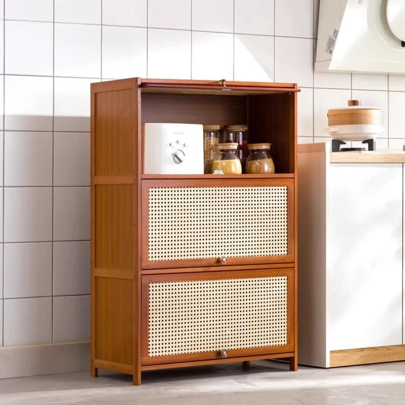 Kitchen Storage Cabinet with Handle, Mesh Door Microwave Oven Rack, Floor Standing Spice Organizer, Multi-Layer Tableware Shelf