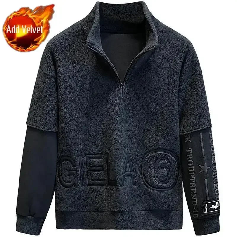 Male Clothes Fleeced Pullover Sweatshirt For Men Half Zip Embroidered Hoodieless Top 2025 New In Low Price Offers Sweat Shirt