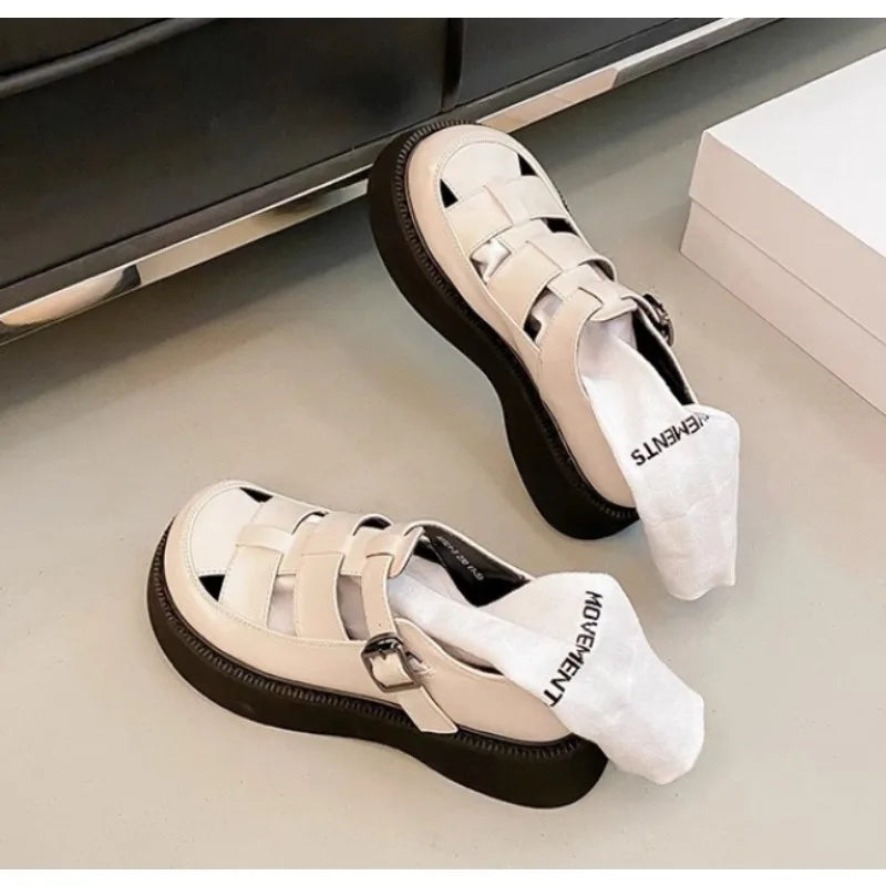 Summer Fashion Genuine Leather Thick-soled Mid-heeled Sandals Casual Comfortable Women's Shoes Hollow Pig Cage Women's Sandals