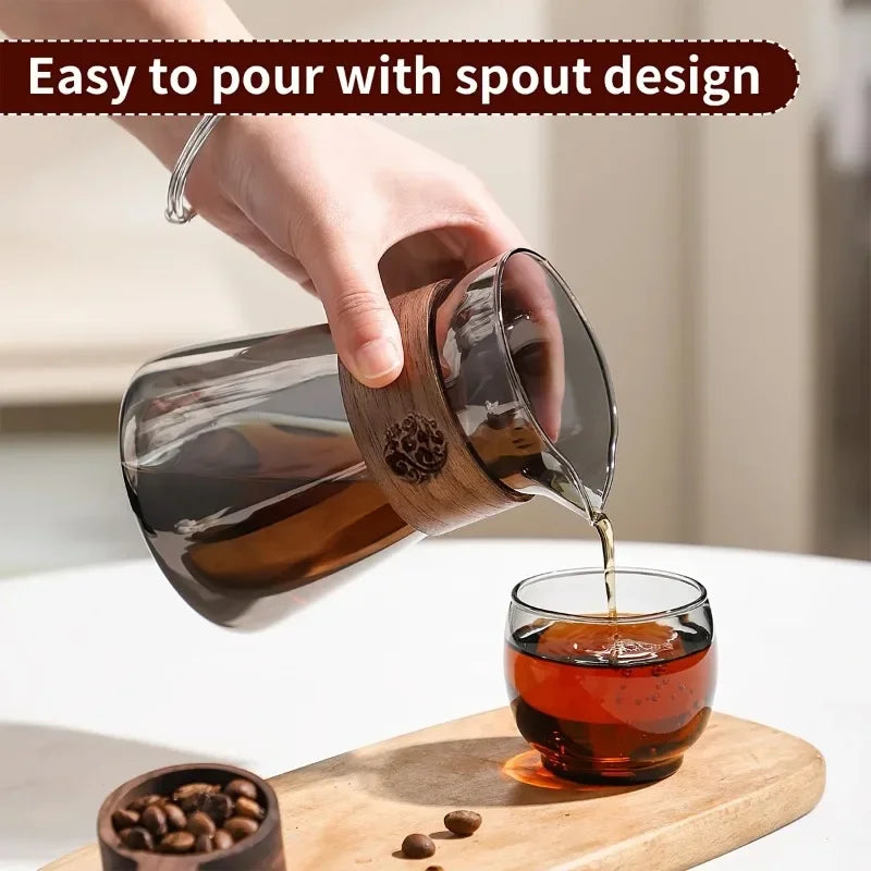 2pcs Set Coffee Carafe,Glass Coffee Server Carafe Pot, Pour Over Coffee Maker Decanter Pitcher with Heat-Resistant Wood Ring 