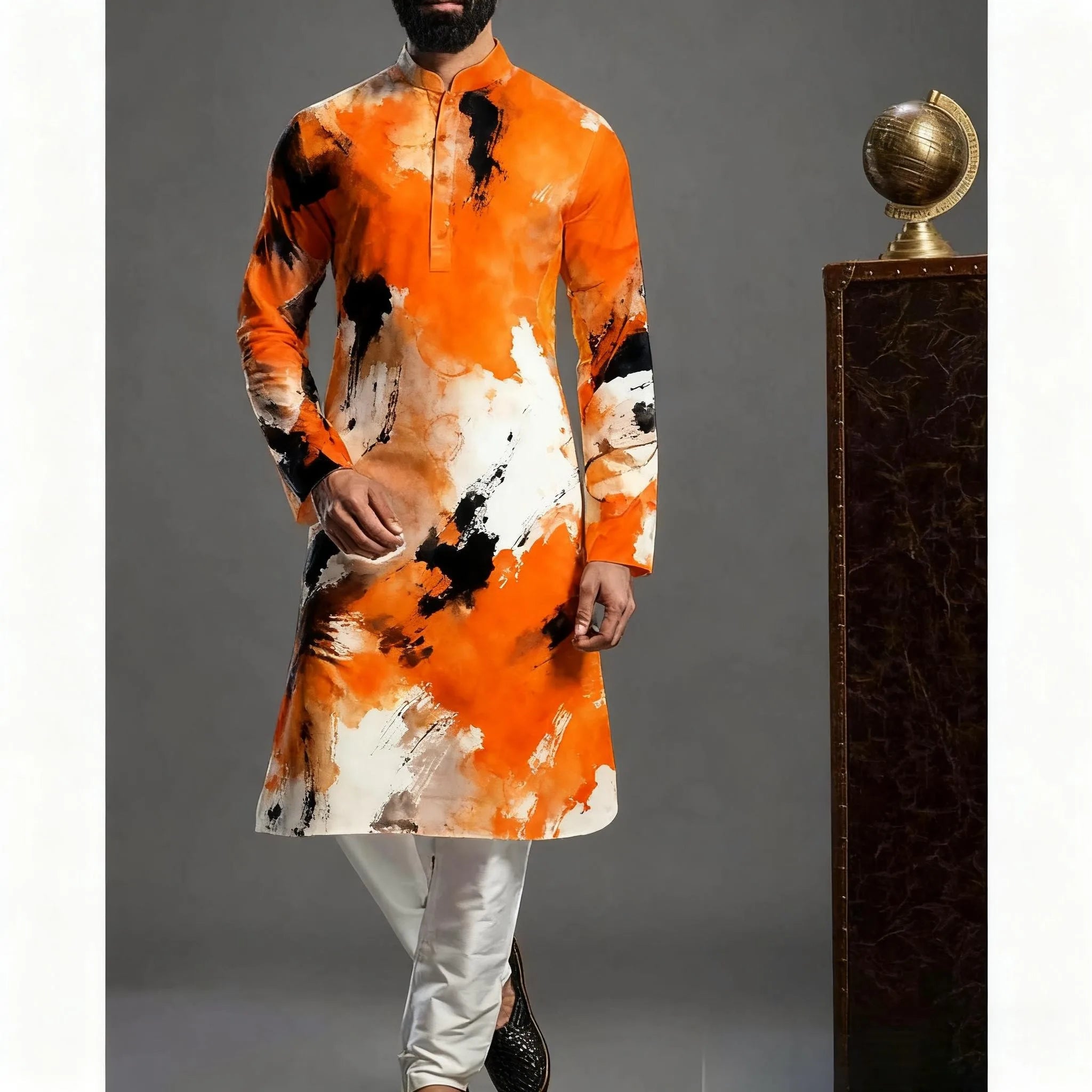 Muslim Kurtta Shirt Men Clothes Folk Kaftan Musulman Kurta Indian Islamic Clothing National Printed Long Sleeve Shirts