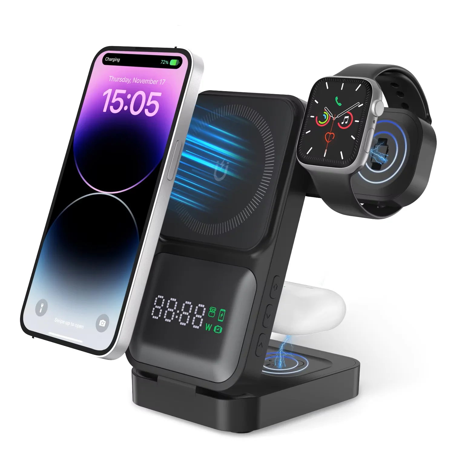 New Folding 3-in-1 Wireless Charger 15W Magnetic Wireless Charger Comes With Clock and Power Display functions For Phones