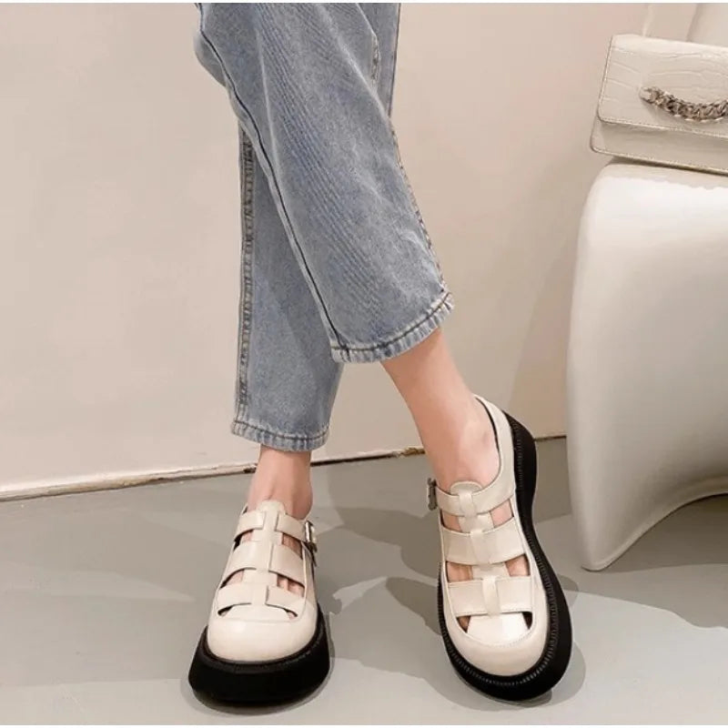 Summer Fashion Genuine Leather Thick-soled Mid-heeled Sandals Casual Comfortable Women's Shoes Hollow Pig Cage Women's Sandals