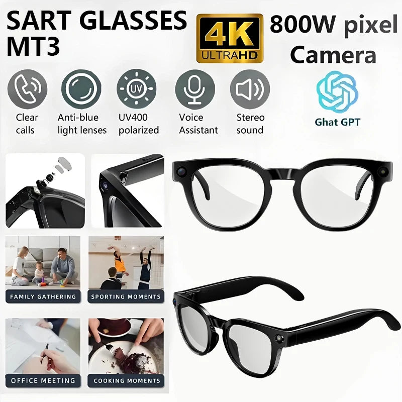 4K HD Smart AI Glasses 1080P 800W pixel AI Shooting Camera HD Photo Video Voice Call Translation Waterproof Bluetooth AI Glasses
