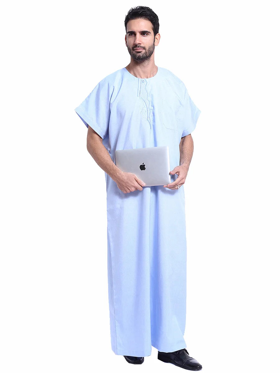 Muslim Kaftan for Men Round Collar Blue White Spring Elegant Robe Arab Vintage Long Sleeves Thobe Robe Turkey Embroidered