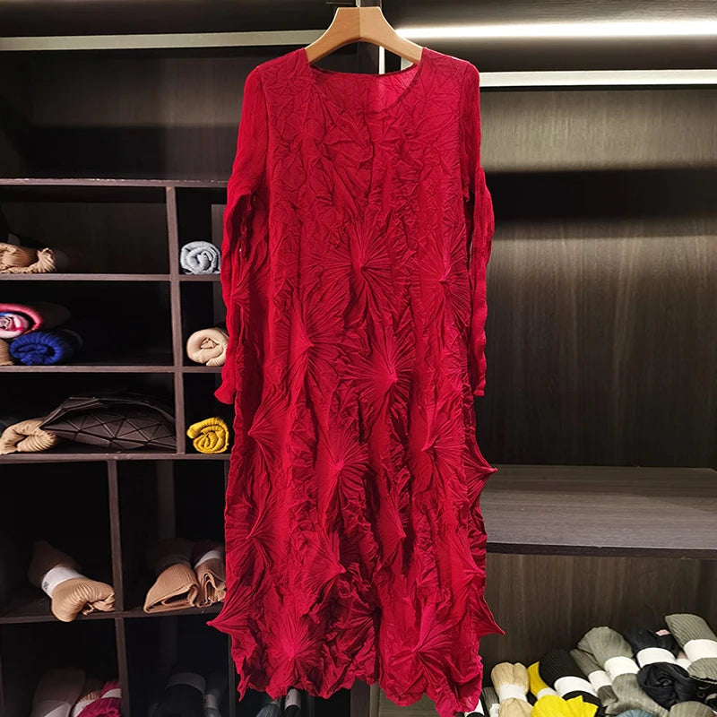 LANMREM Niche Design Pleated Women's Indian Pakistani Dress Spring 2026 New Elegant Loose High-End Round Collar Long Sleeve Clothing Chic 2DB6599 - 50% off.