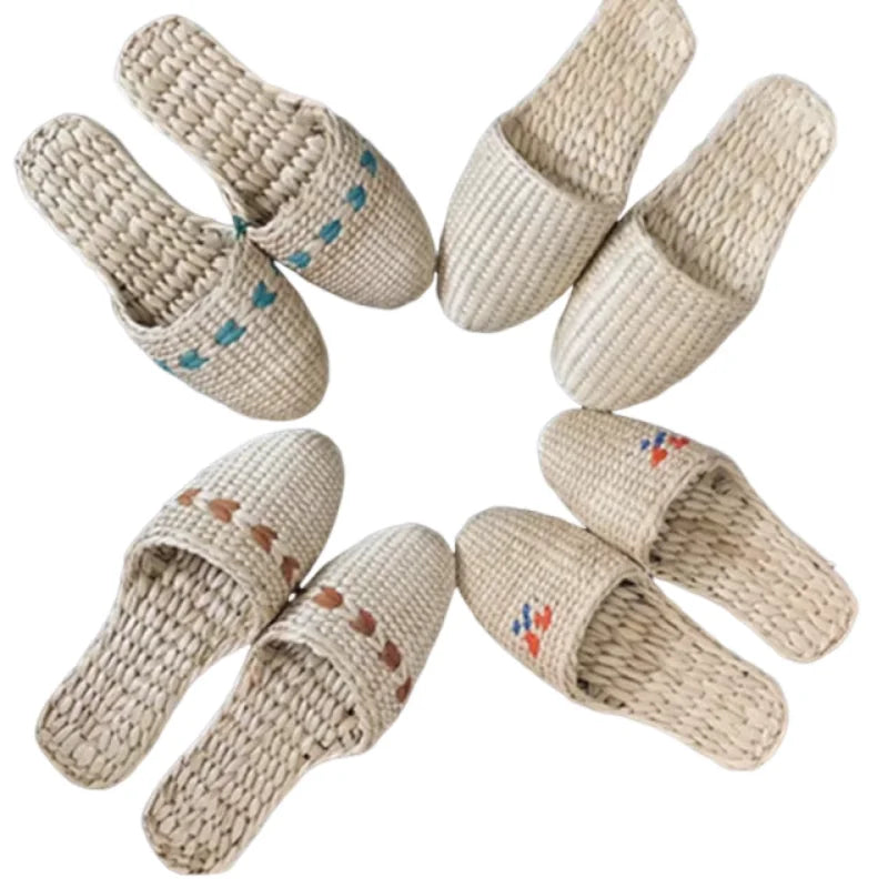 Unisex Hemp Slides Cut-Outs Grass Weaving Shoes Round Toe Novetly Hand-Made Massage Slippers Straw Natural Beige Wide Feet 44-3